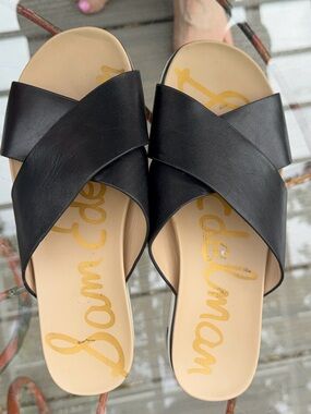 Sam Edelman Black Crisscross Slide Sandals with Beige Footbed